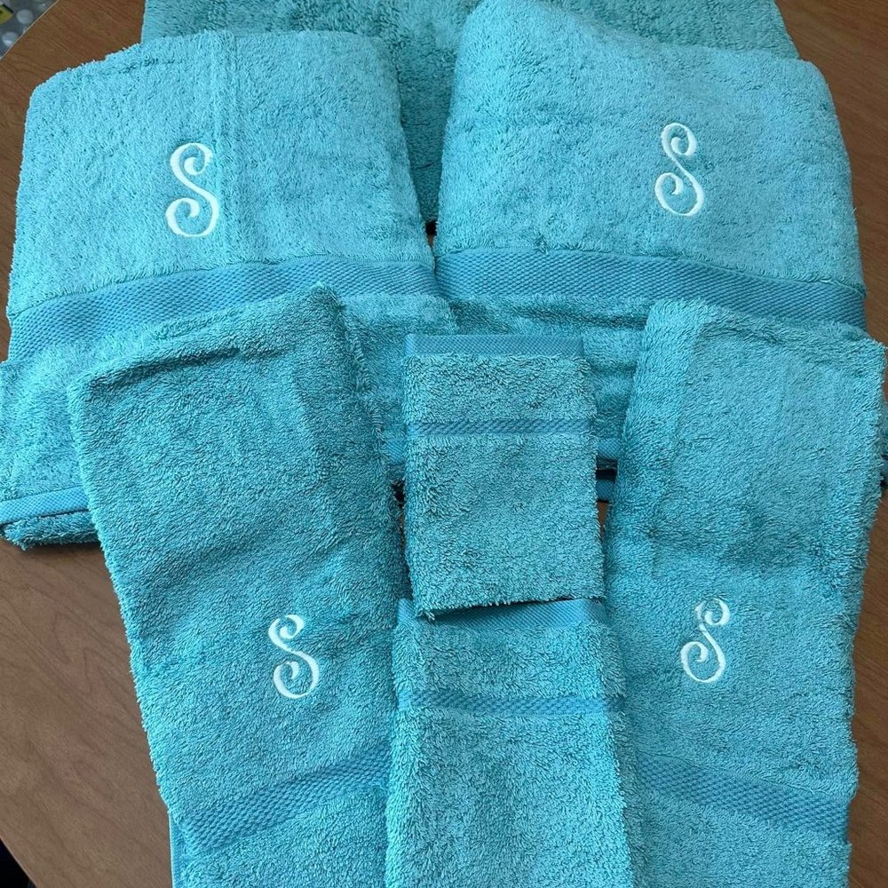 Lands’ End 7pc GIFT SET monogrammed "S" bath towel hand and wash cloth GREEN